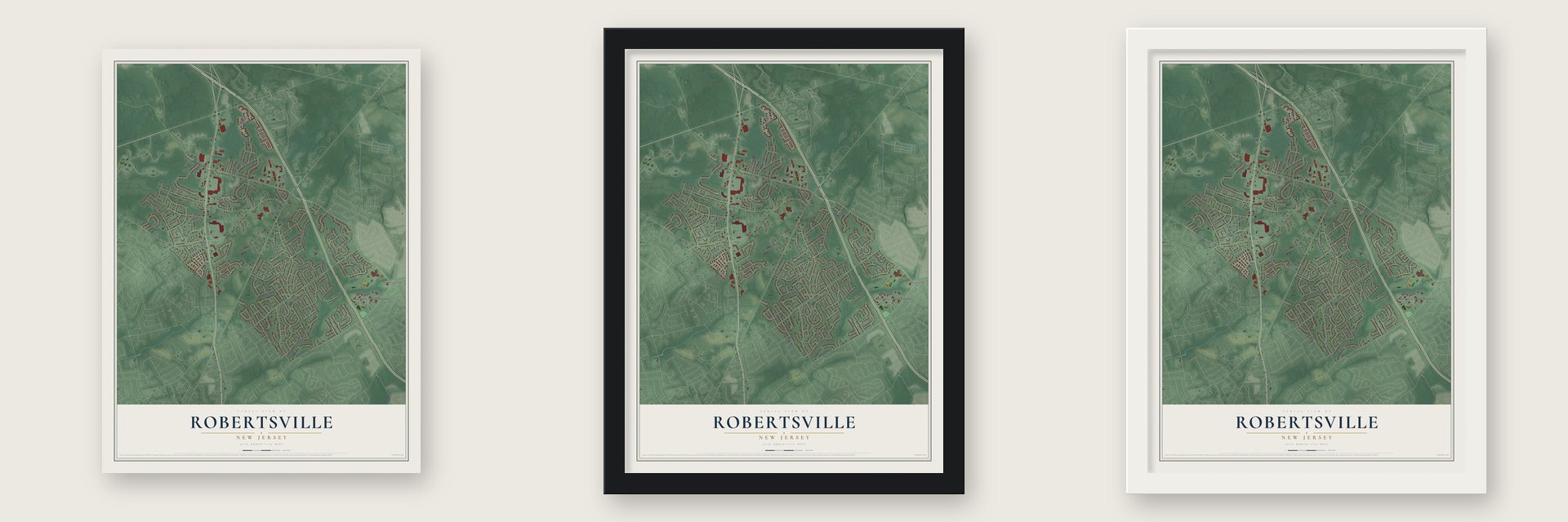 Robertsville, New Jersey map unframed, in a black wood frame and in a white wood frame