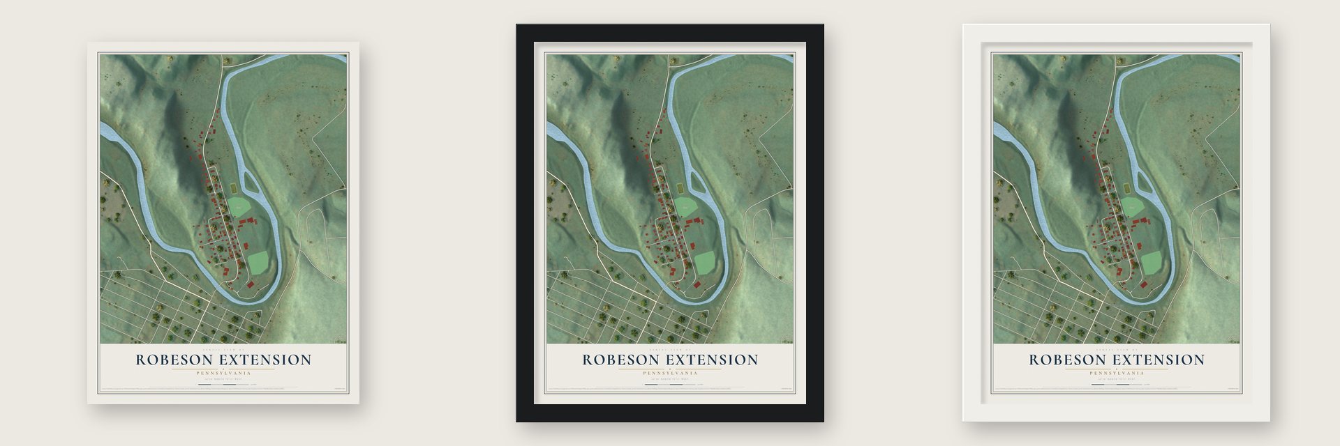 Robeson Extension, Pennsylvania map unframed, in a black wood frame and in a white wood frame