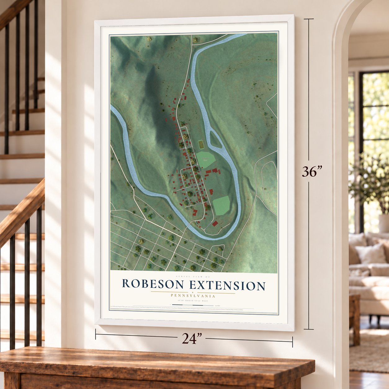 Robeson Extension, Pennsylvania map, 24 x 36 inch print in a white frame by a staircase