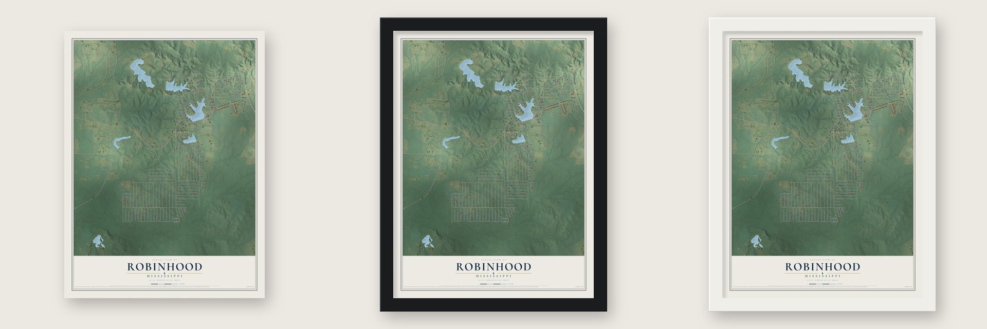 Robinhood, Mississippi map unframed, in a black wood frame and in a white wood frame