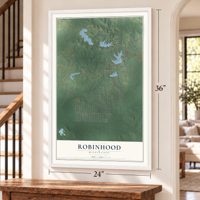 Robinhood, Mississippi map, 24 x 36 inch print in a white frame by a staircase