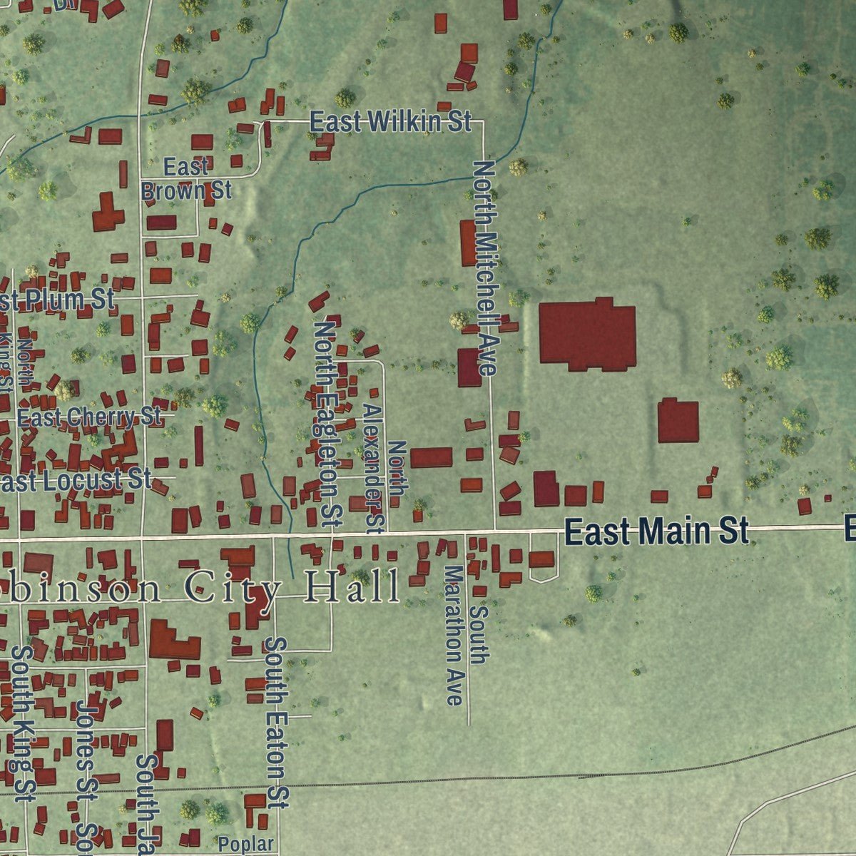 Second close-up of the map of Robinson, Illinois print showing more streets and buildings