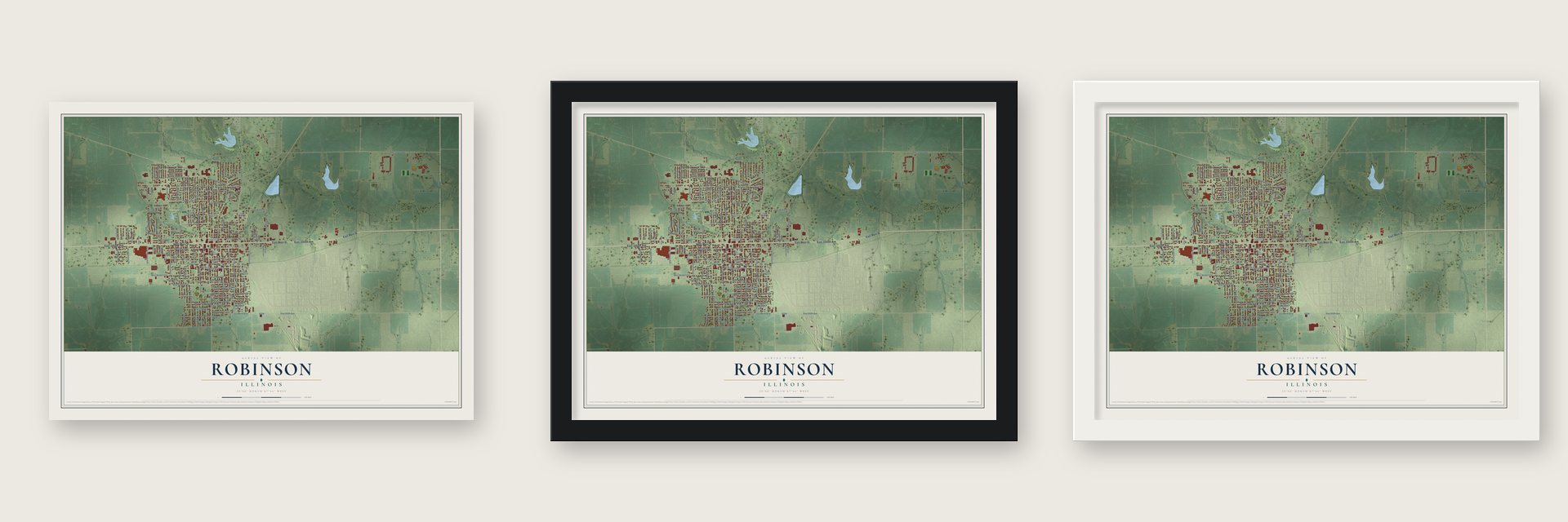 Robinson, Illinois map unframed, in a black wood frame and in a white wood frame