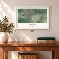 Robinson, Illinois map, 12 x 18 inch print in a white frame in an entryway