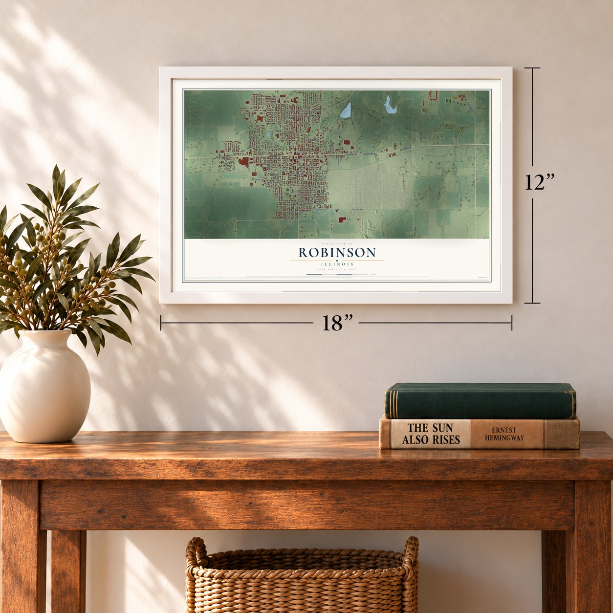 Robinson, Illinois map, 12 x 18 inch print in a white frame in an entryway