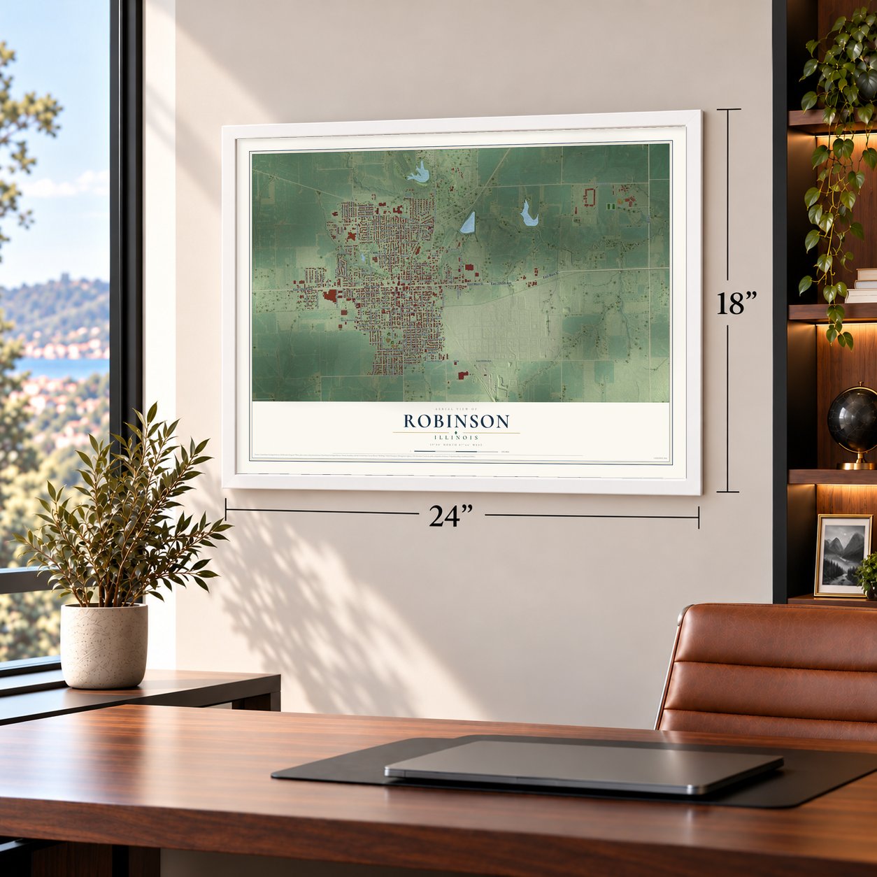 Robinson, Illinois map, 18 x 24 inch print in a white frame in a home office