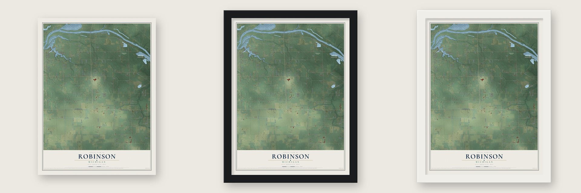 Robinson, Michigan map unframed, in a black wood frame and in a white wood frame