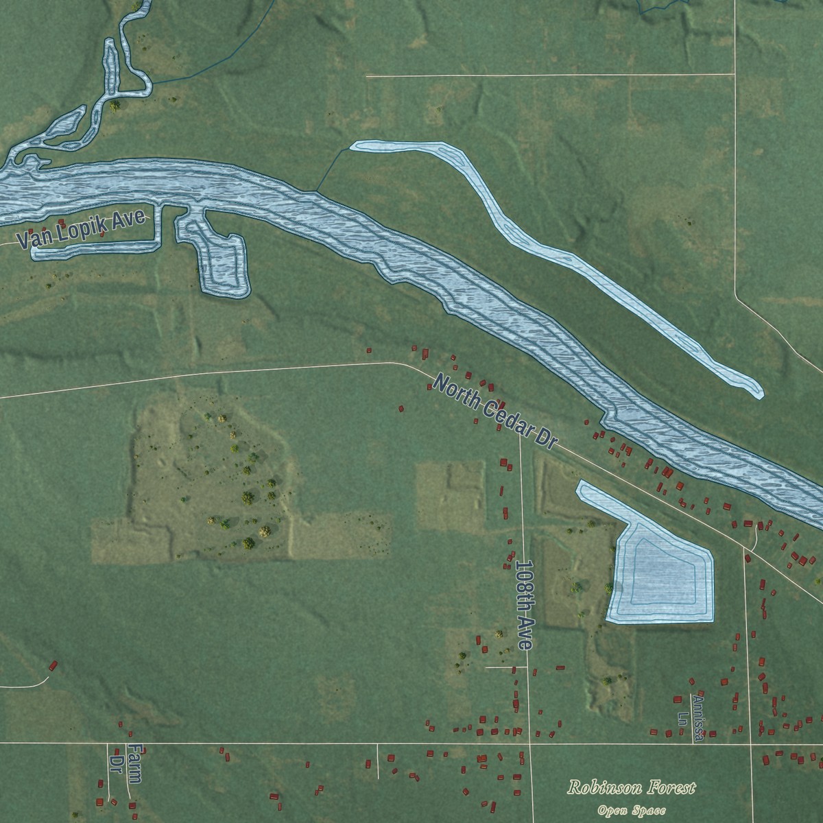 Second close-up of the map of Robinson, Michigan print showing more streets and buildings