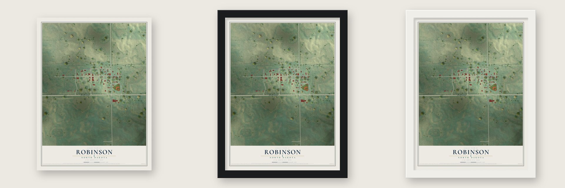 Robinson, North Dakota map unframed, in a black wood frame and in a white wood frame