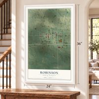Robinson, North Dakota map, 24 x 36 inch print in a white frame by a staircase