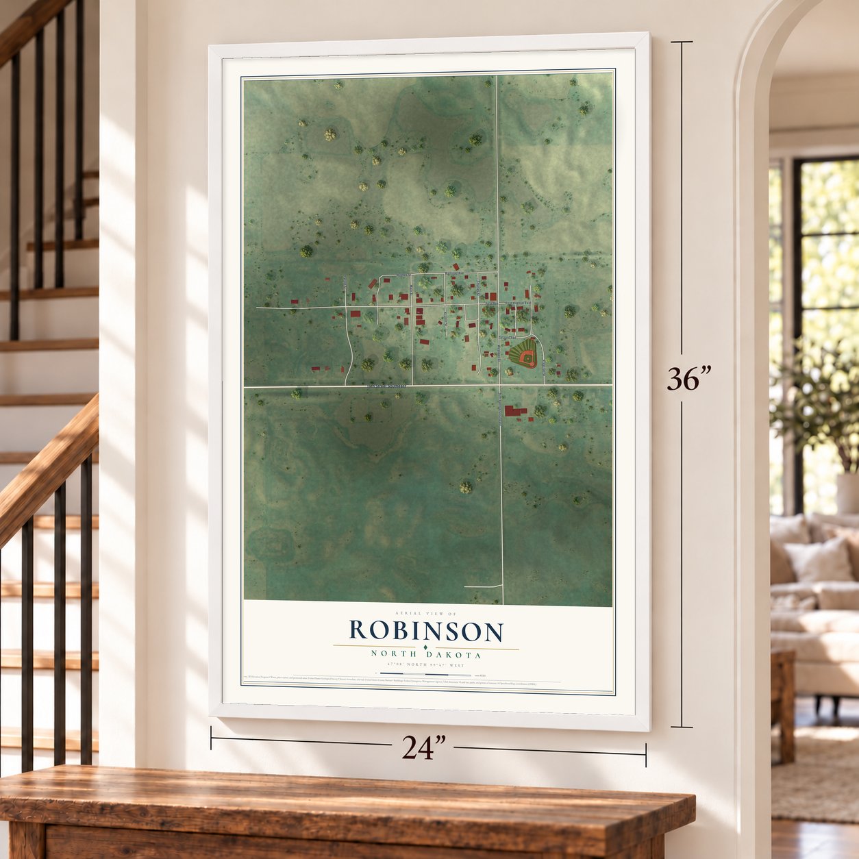 Robinson, North Dakota map, 24 x 36 inch print in a white frame by a staircase
