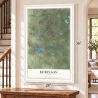 Robinson, Texas map, 24 x 36 inch print in a white frame by a staircase