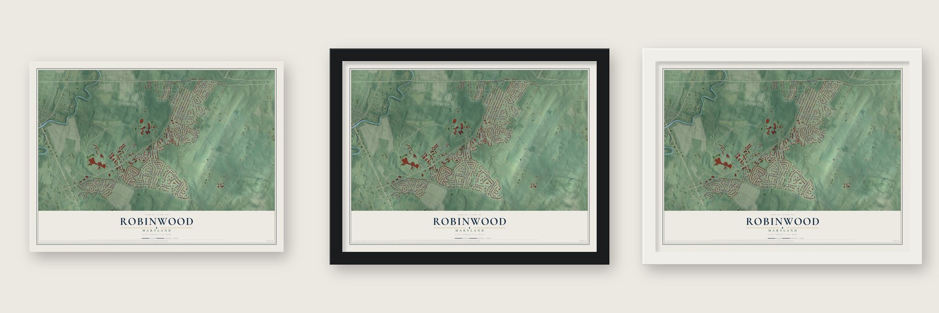 Robinwood, Maryland map unframed, in a black wood frame and in a white wood frame