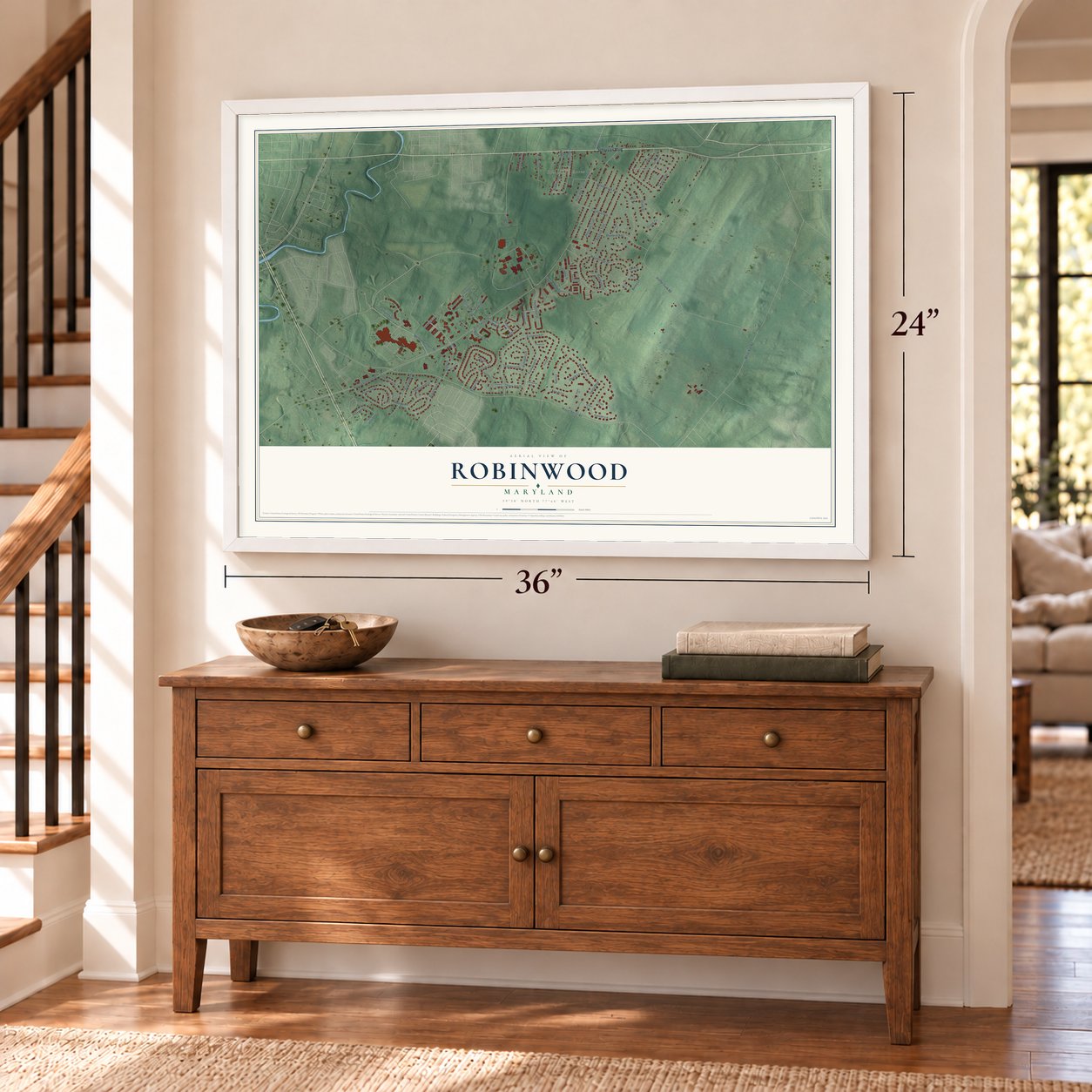 Robinwood, Maryland map, 24 x 36 inch print in a white frame above a dresser by a staircase