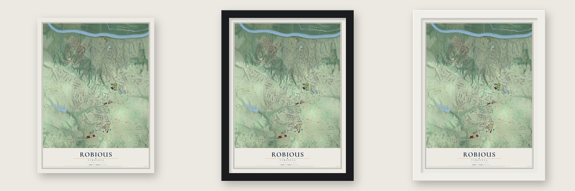 Robious, Virginia map unframed, in a black wood frame and in a white wood frame