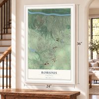 Robious, Virginia map, 24 x 36 inch print in a white frame by a staircase
