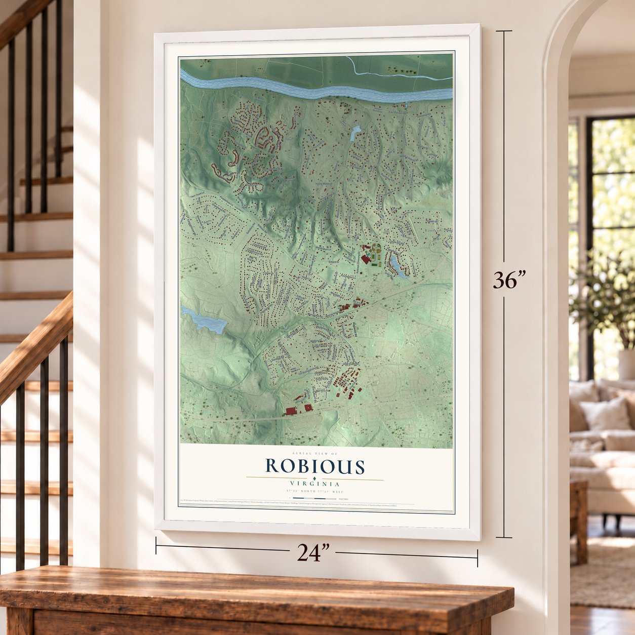 Robious, Virginia map, 24 x 36 inch print in a white frame by a staircase