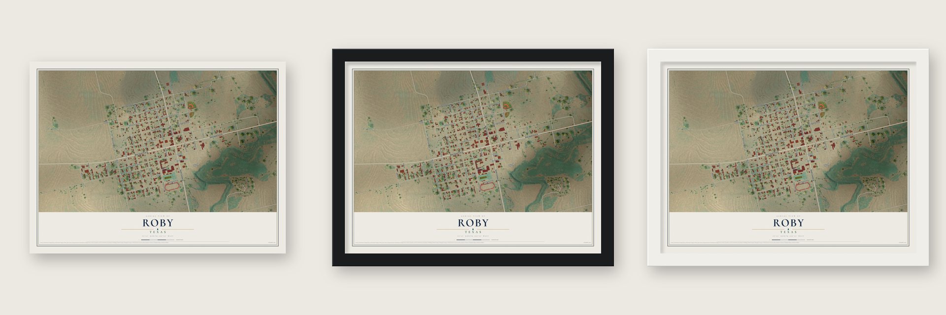 Roby, Texas map unframed, in a black wood frame and in a white wood frame