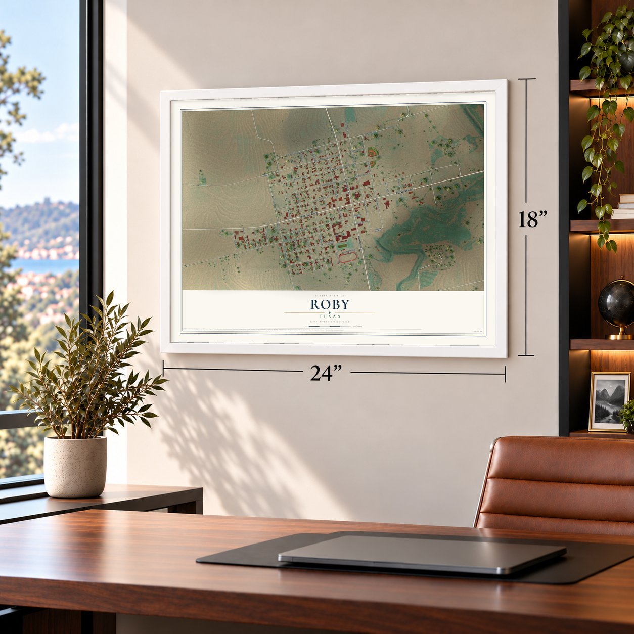 Roby, Texas map, 18 x 24 inch print in a white frame in a home office