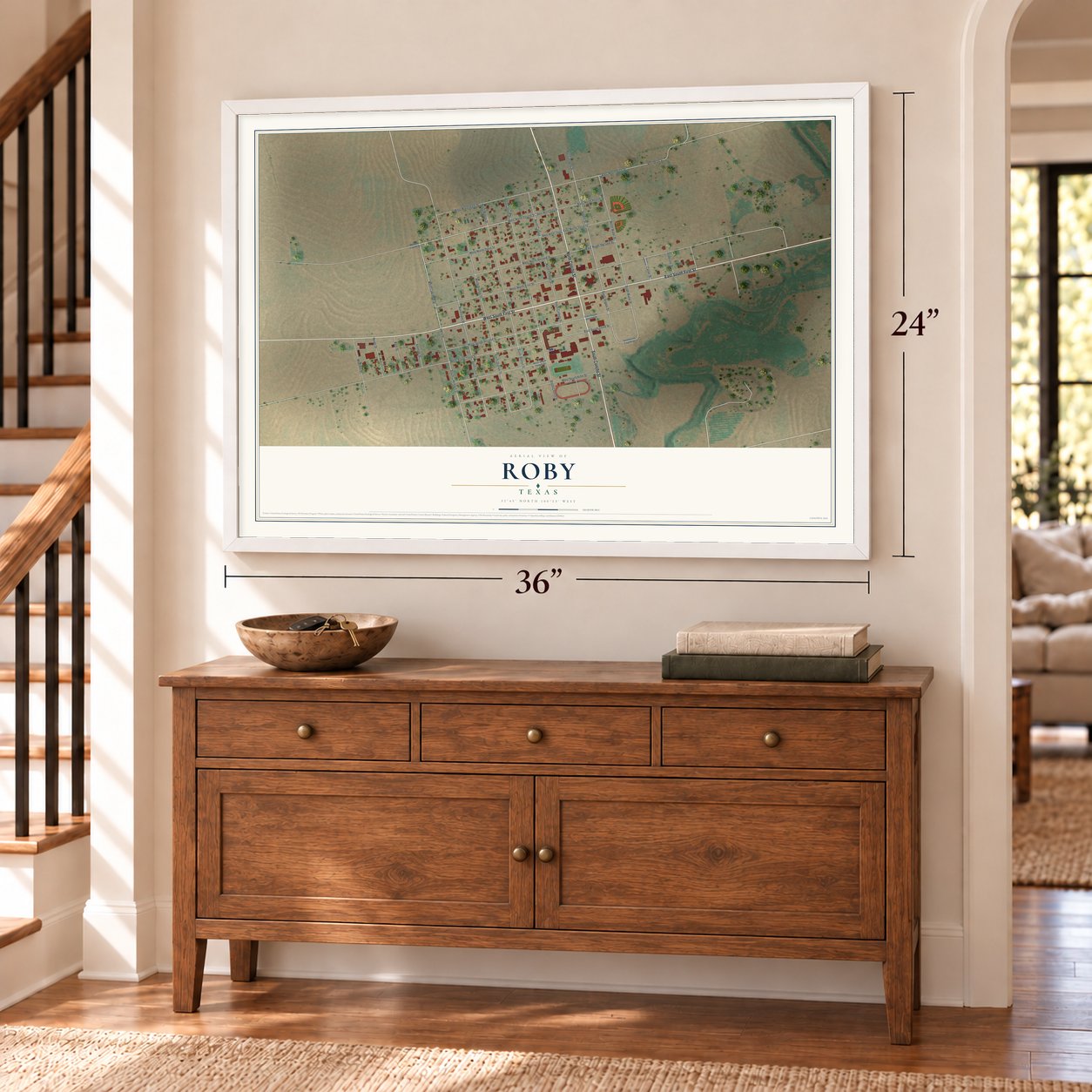 Roby, Texas map, 24 x 36 inch print in a white frame above a dresser by a staircase