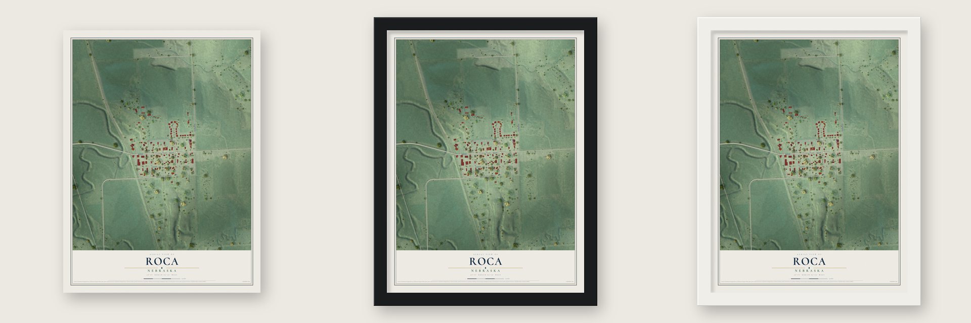 Roca, Nebraska map unframed, in a black wood frame and in a white wood frame