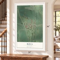 Roca, Nebraska map, 24 x 36 inch print in a white frame by a staircase