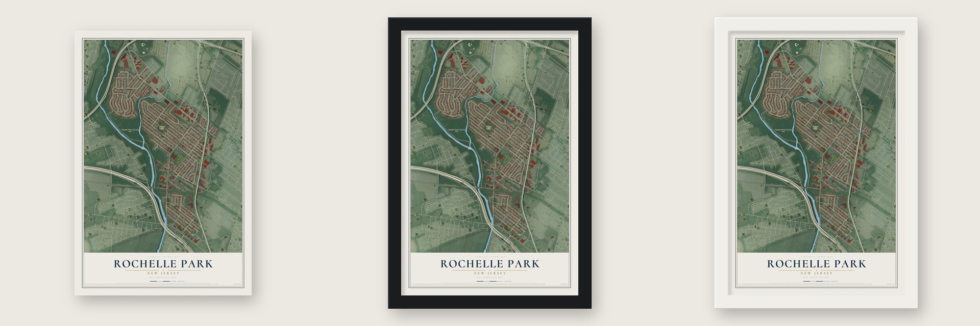 Rochelle Park, New Jersey map unframed, in a black wood frame and in a white wood frame