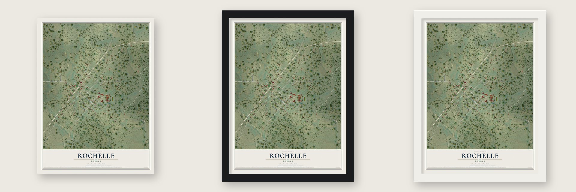 Rochelle, Texas map unframed, in a black wood frame and in a white wood frame