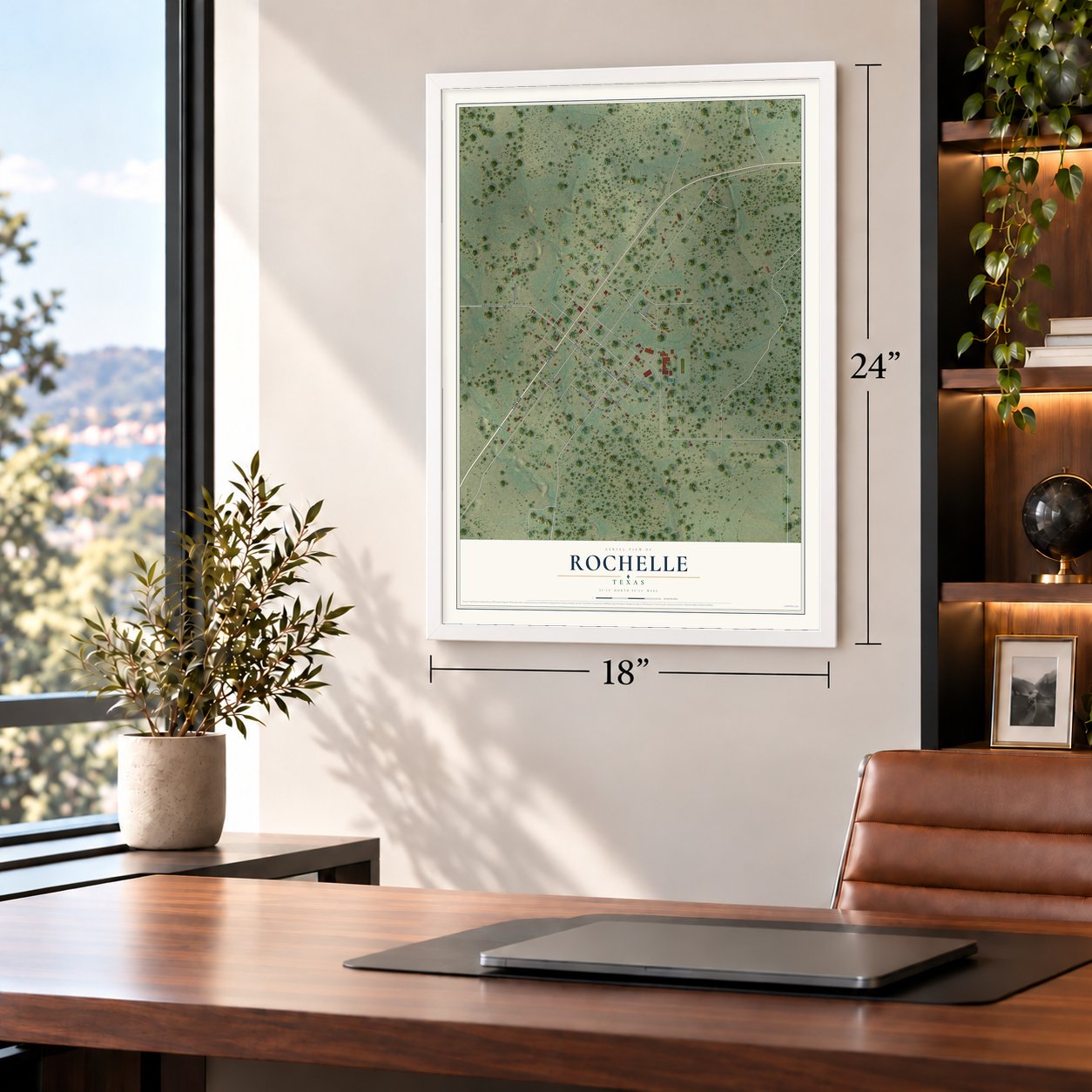 Rochelle, Texas map, 18 x 24 inch print in a white frame in a home office
