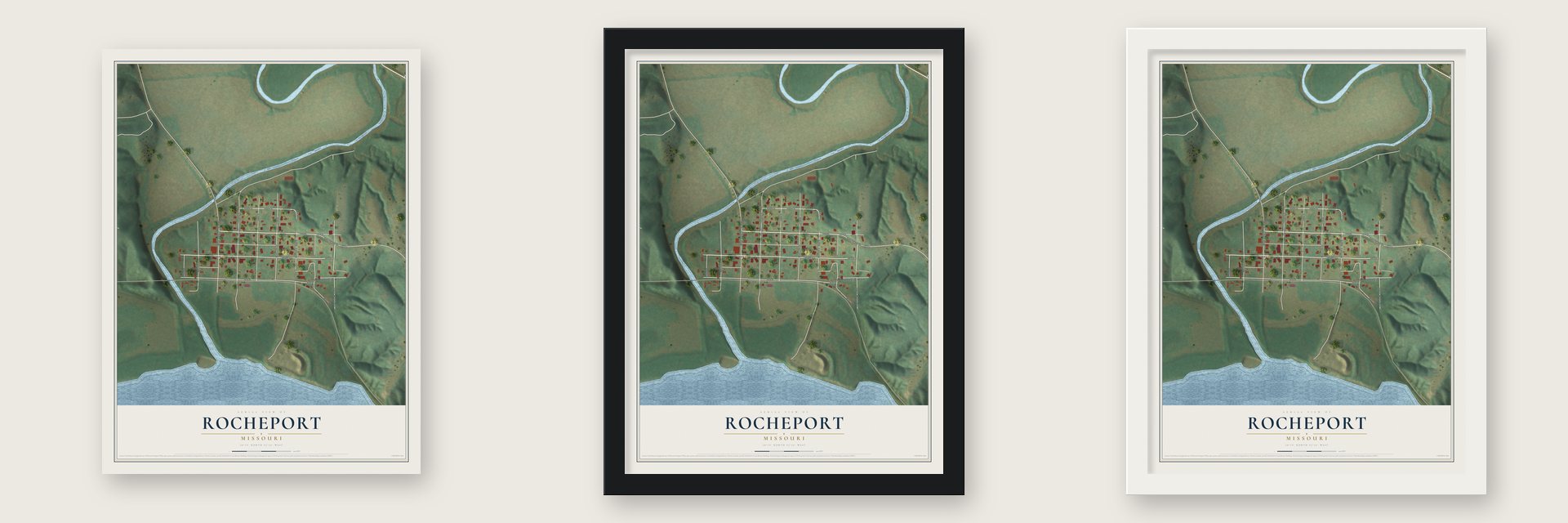 Rocheport, Missouri map unframed, in a black wood frame and in a white wood frame