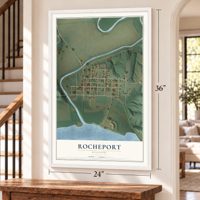 Rocheport, Missouri map, 24 x 36 inch print in a white frame by a staircase