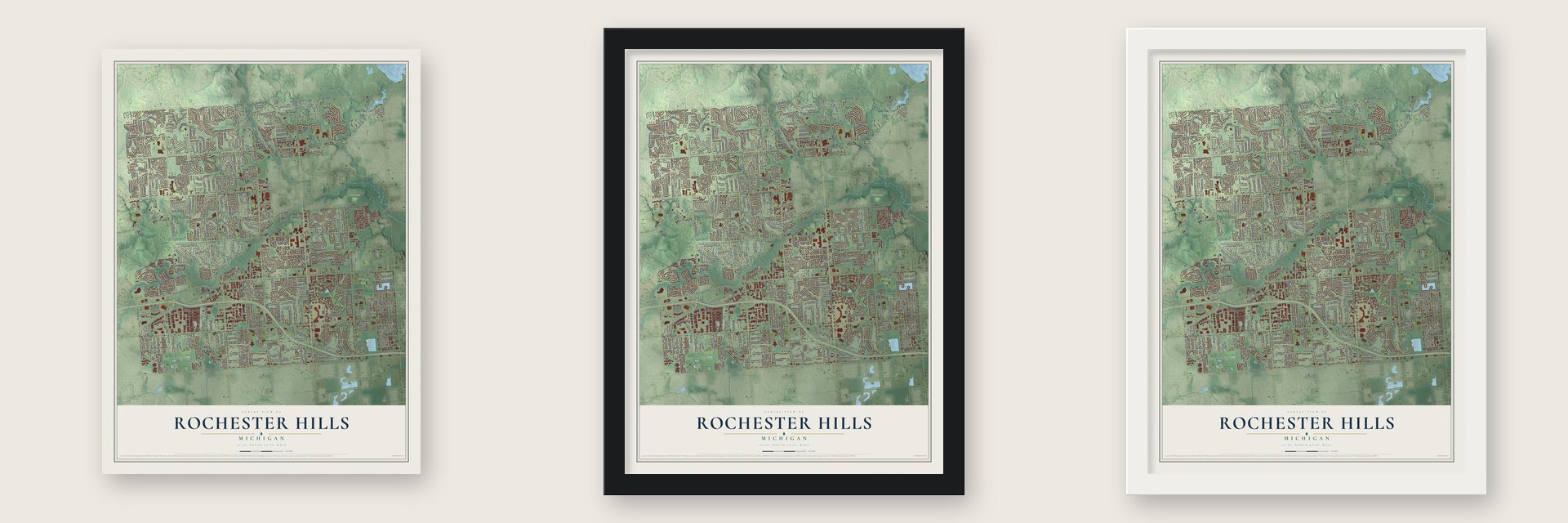 Rochester Hills, Michigan map unframed, in a black wood frame and in a white wood frame