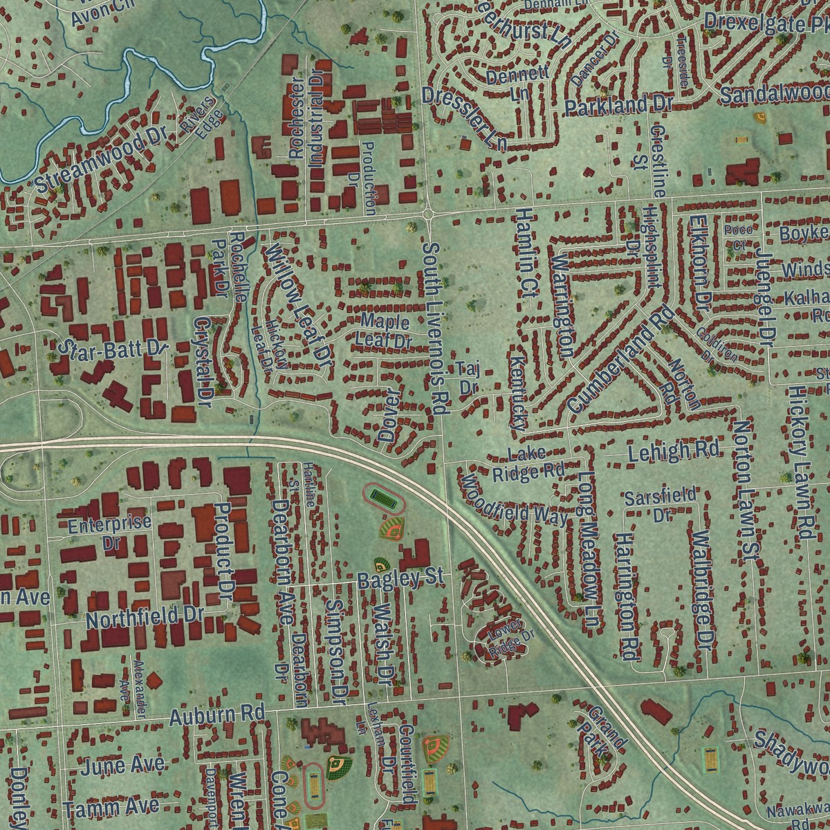 Second close-up of the map of Rochester Hills, Michigan print showing more streets and buildings