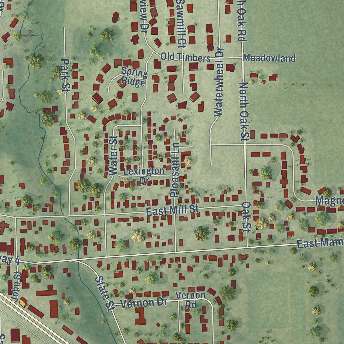 Second close-up of the map of Rochester, Illinois print showing more streets and buildings