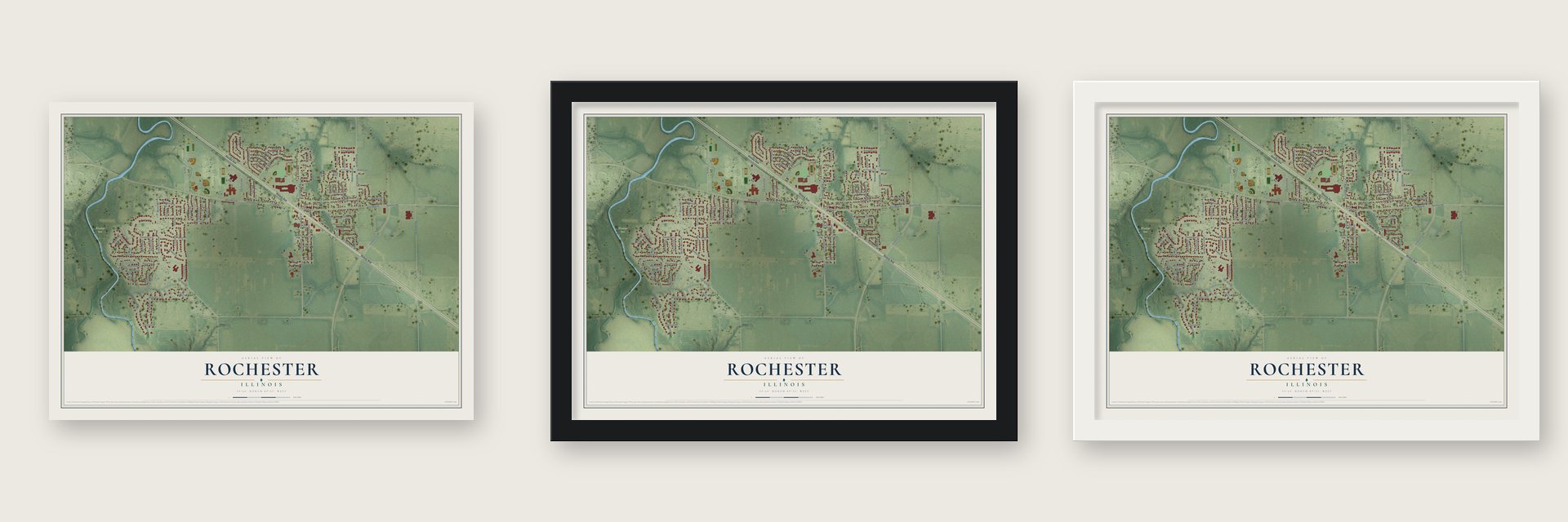 Rochester, Illinois map unframed, in a black wood frame and in a white wood frame