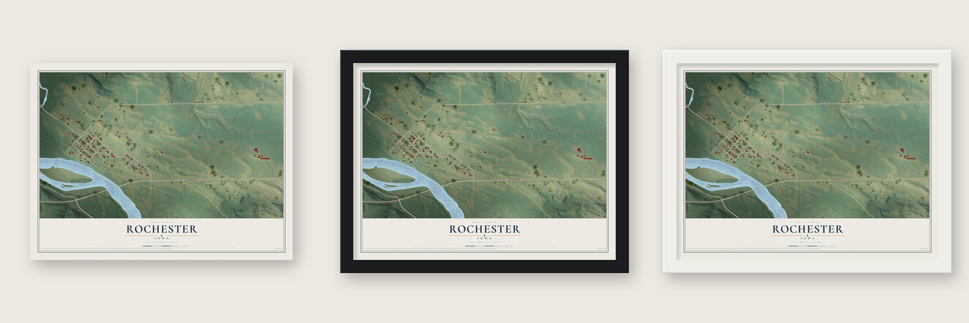 Rochester, Iowa map unframed, in a black wood frame and in a white wood frame