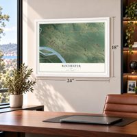 Rochester, Iowa map, 18 x 24 inch print in a white frame in a home office