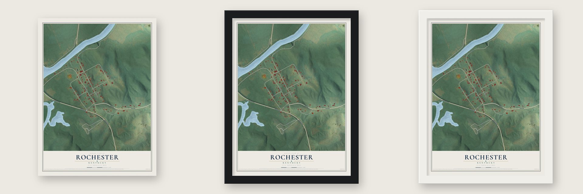 Rochester, Kentucky map unframed, in a black wood frame and in a white wood frame