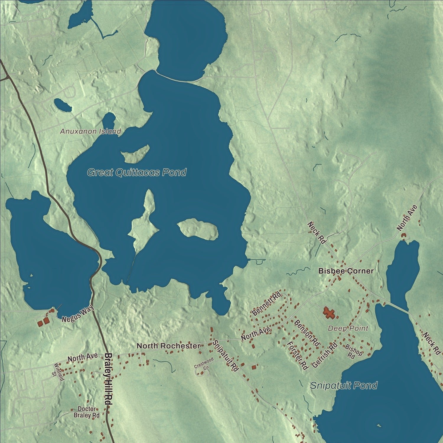 Close-up of the map of Rochester, Massachusetts print showing terrain and local geography