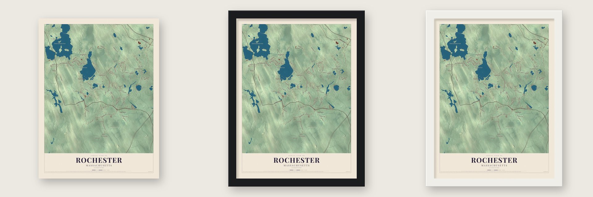 Rochester, Massachusetts map unframed, in a black wood frame and in a white wood frame