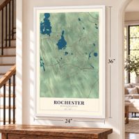 Rochester, Massachusetts map, 24 x 36 inch print in a white frame by a staircase