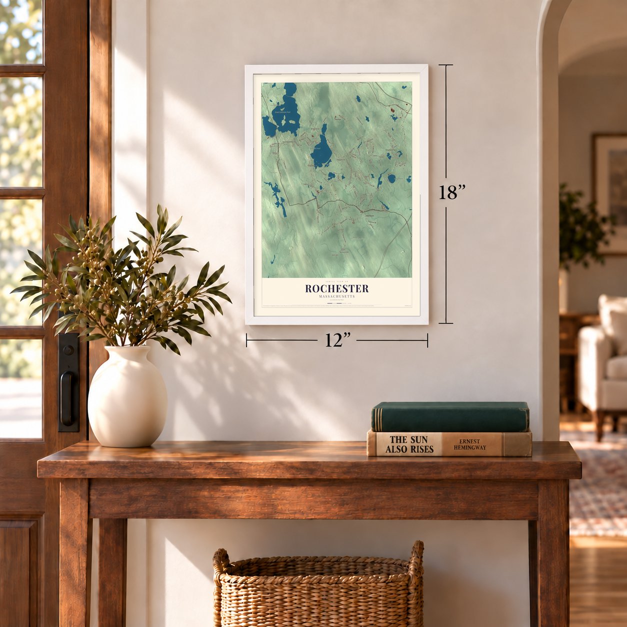 Rochester, Massachusetts map, 12 x 18 inch print in a white frame in an entryway