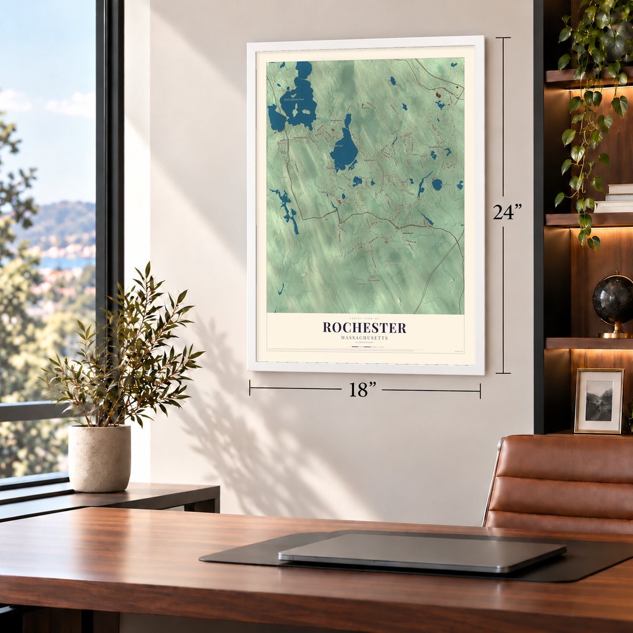 Rochester, Massachusetts map, 18 x 24 inch print in a white frame in a home office