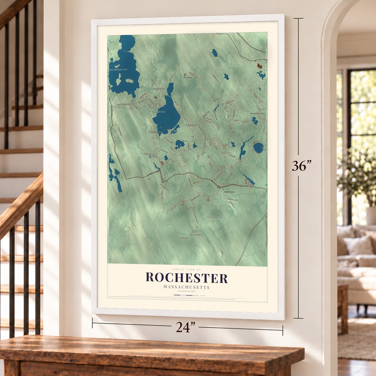 Rochester, Massachusetts map, 24 x 36 inch print in a white frame by a staircase