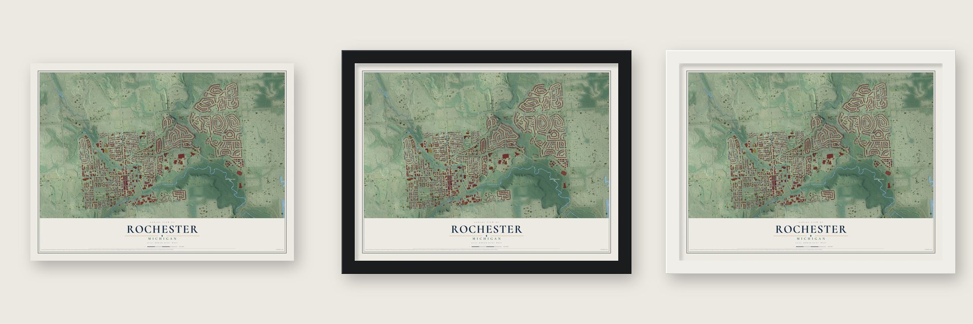 Rochester, Michigan map unframed, in a black wood frame and in a white wood frame