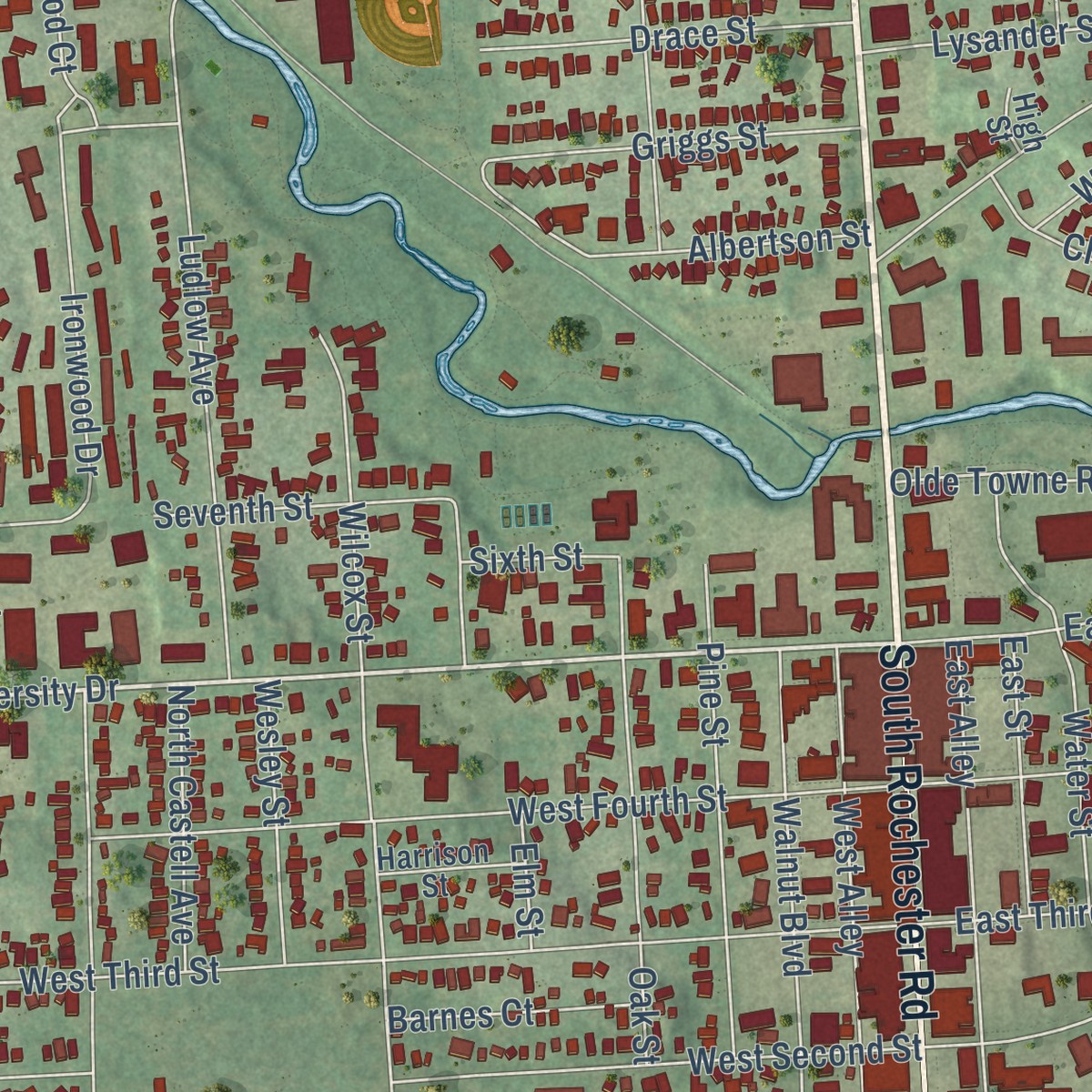 Second close-up of the map of Rochester, Michigan print showing more streets and buildings
