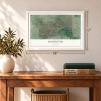 Rochester, Michigan map, 12 x 18 inch print in a white frame in an entryway