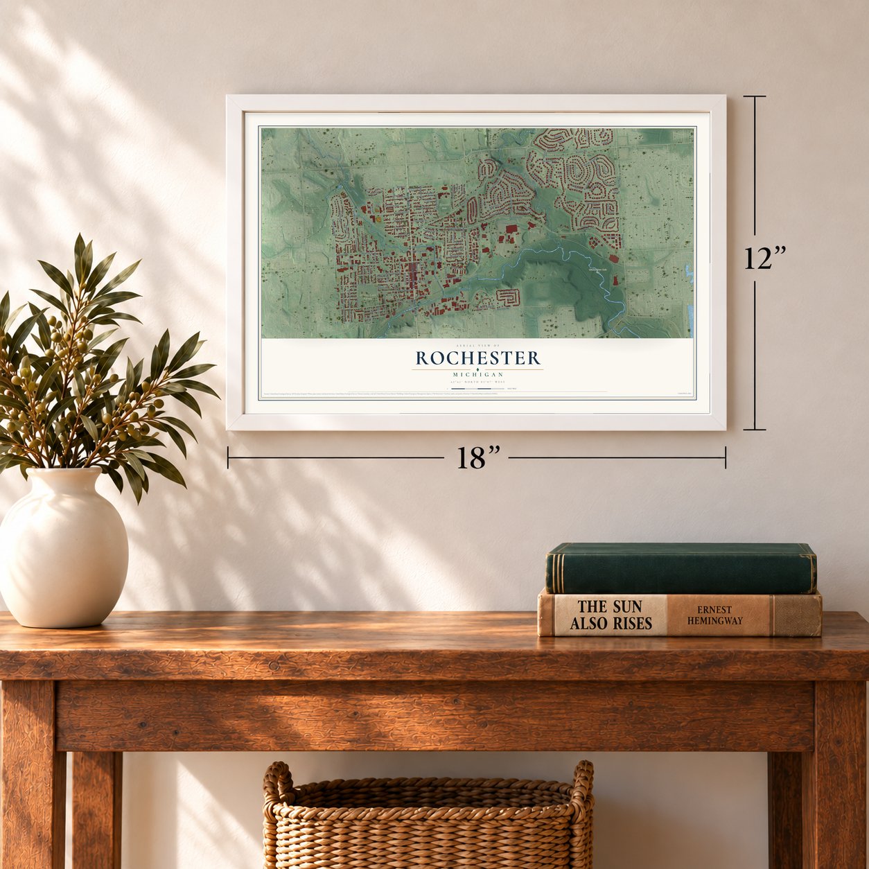 Rochester, Michigan map, 12 x 18 inch print in a white frame in an entryway