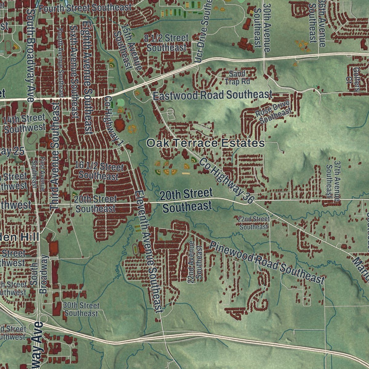 Second close-up of the map of Rochester, Minnesota print showing more streets and buildings