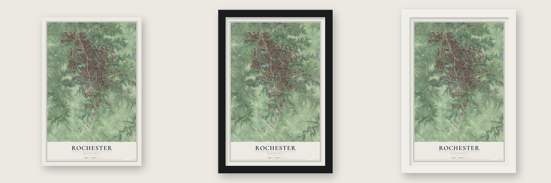 Rochester, Minnesota map unframed, in a black wood frame and in a white wood frame